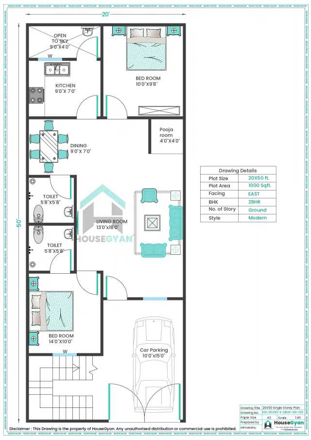 20X50 East Facing 2BHK Ground Floor House Plan | 1000 Sqft Plot Floor Plan 20X50 East Facing 2BHK Ground Floor House Plan | 1000 Sqft Plot Floor Plan