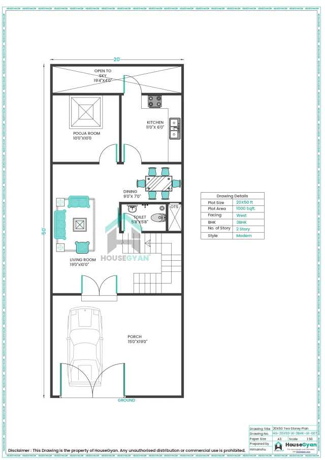 20X50 West Facing 3BHK First Floor House Plan | 1000 Sqft Plot Floor Plan 20X50 West Facing 3BHK First Floor House Plan | 1000 Sqft Plot Floor Plan