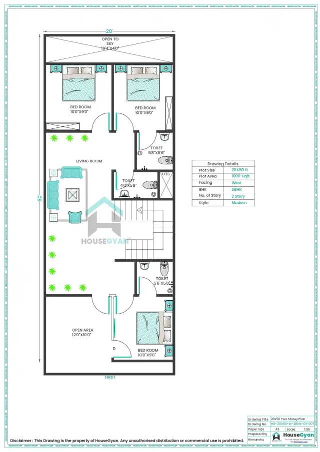 20X50 West Facing 3BHK First Floor House Plan | 1000 Sqft Plot Floor Plan 20X50 West Facing 3BHK First Floor House Plan | 1000 Sqft Plot Floor Plan