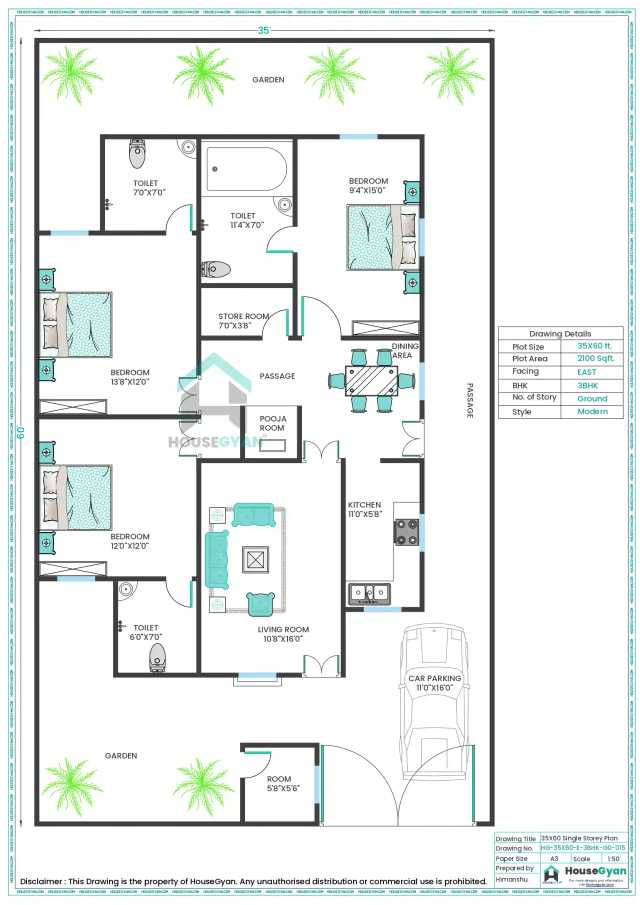 35X60 East Facing 3BHK Ground Floor House Plan | 2100 Sqft Plot Floor Plan 35X60 East Facing 3BHK Ground Floor House Plan | 2100 Sqft Plot Floor Plan