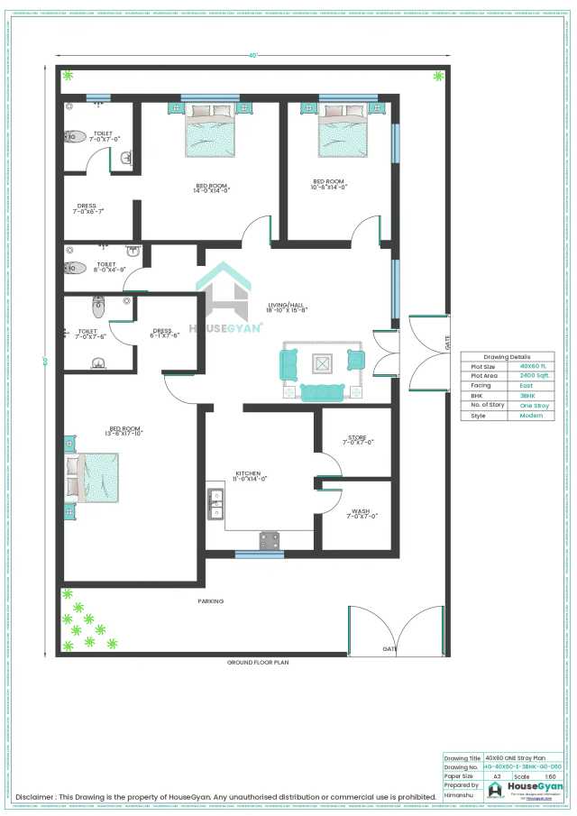 40X60 East Facing 3BHK Ground Floor House Plan | 2400 Sqft Plot Floor Plan 40X60 East Facing 3BHK Ground Floor House Plan | 2400 Sqft Plot Floor Plan