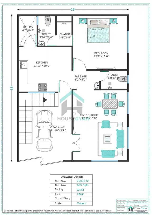 25X33 West Facing 1BHK Ground Floor House Plan | 825 Sqft Plot Floor Plan 25X33 West Facing 1BHK Ground Floor House Plan