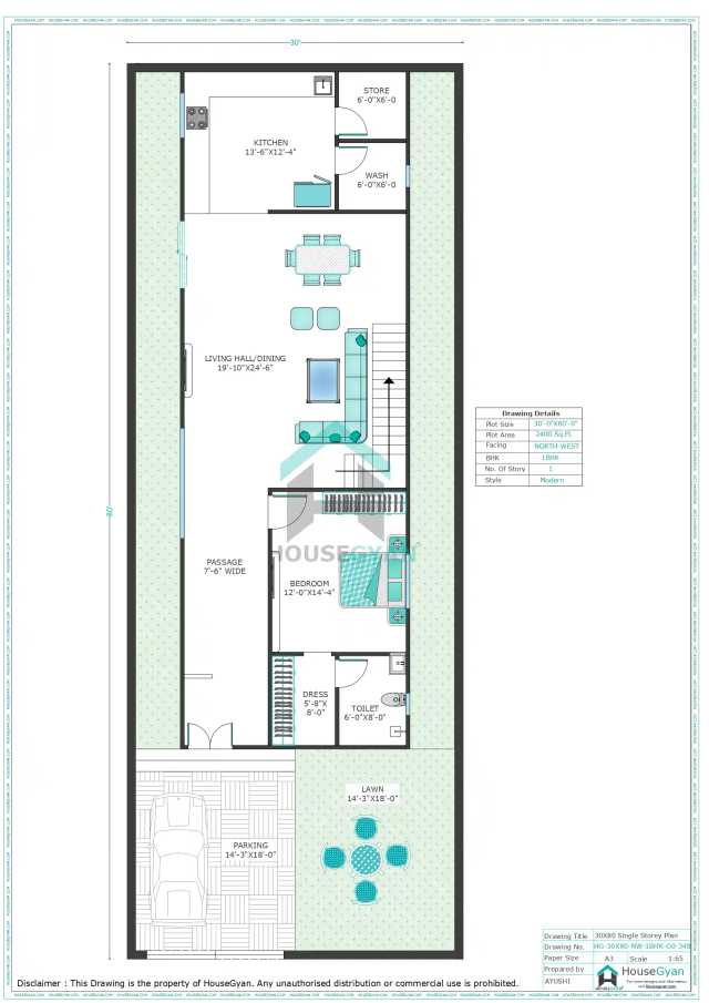 30X80 North West Facing 1BHK Ground Floor House Plan | 2400 Sqft Plot Floor Plan 30X80 North West Facing 1BHK Ground Floor House Plan