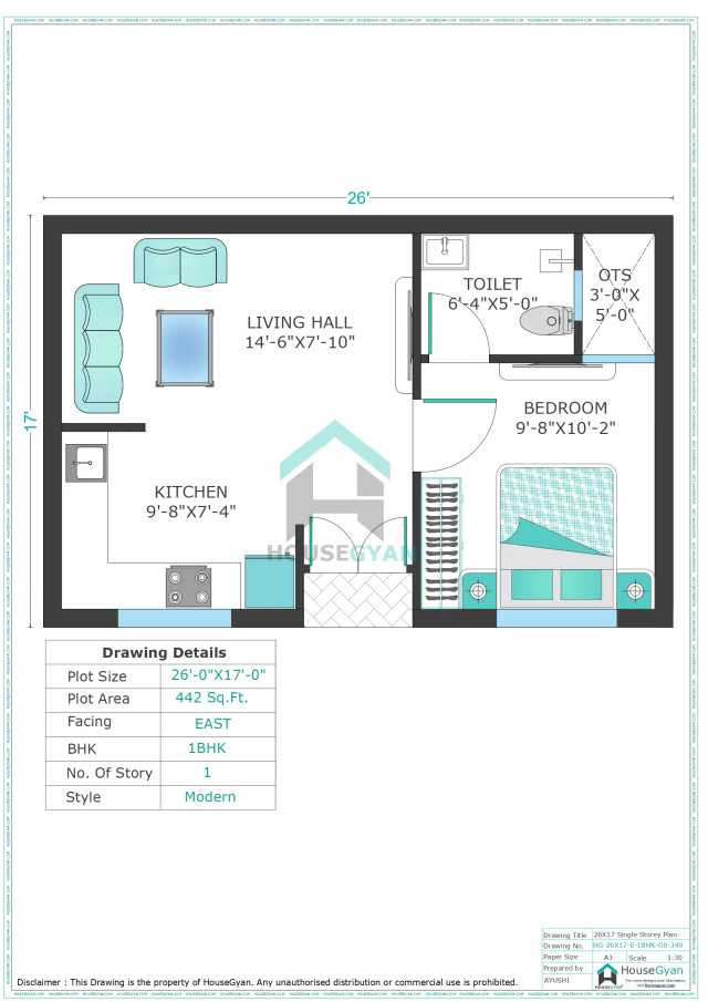 26X17 East Facing 1BHK Ground Floor House Plan | 442 Sqft Plot Floor Plan 26X17 East Facing 1BHK Ground Floor House Plan