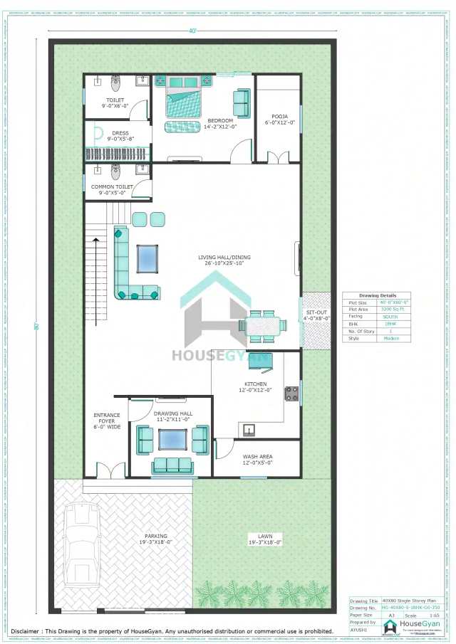 40X80 South Facing 1BHK Ground Floor House Plan | 3200 Sqft Plot Floor Plan 40X80 South Facing 1BHK Ground Floor House Plan