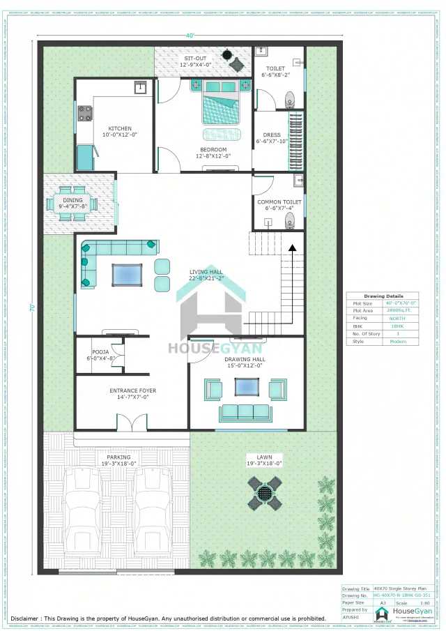 40X70 North Facing 1BHK Ground Floor House Plan | 2800 Sqft Plot Floor Plan 40X70 North Facing 1BHK Ground Floor House Plan