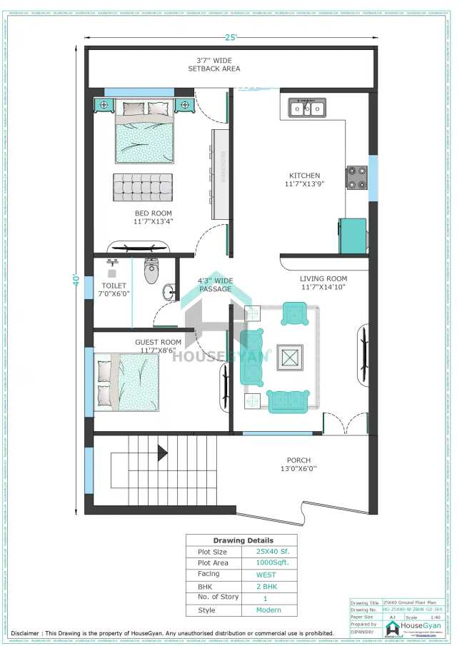 25X40 West Facing 2BHK Ground Floor House Plan | 1000 Sqft Plot Floor Plan 25X40 West Facing 2BHK Ground Floor House Plan