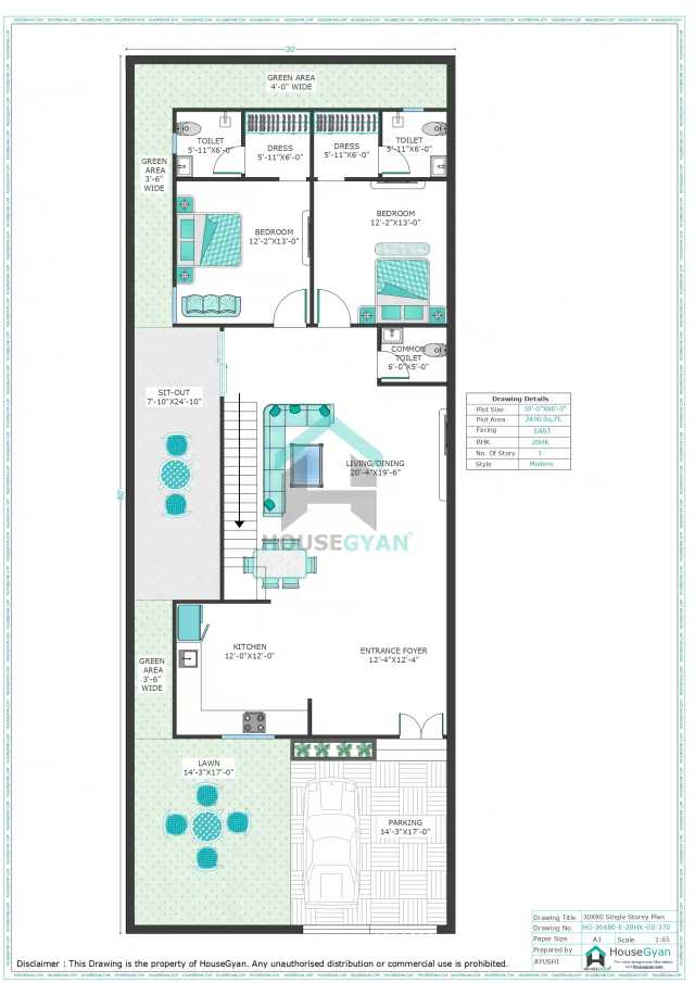 30X80 East Facing 2BHK Ground Floor House Plan | 2400 Sqft Plot Floor Plan 30X80 East Facing 2BHK Ground Floor House Plan