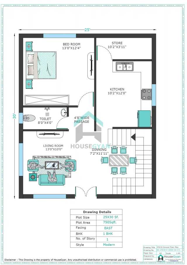 25X30 East Facing 1BHK Ground Floor House Plan | 750 Sqft Plot Floor Plan 25X30 East Facing 1BHK Ground Floor House Plan