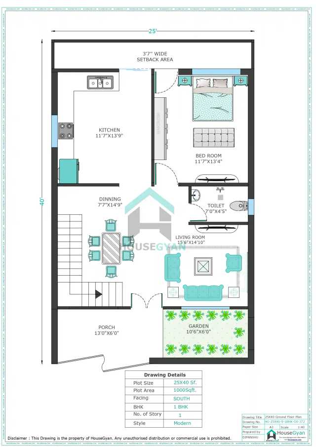 25X40 South Facing 1BHK Ground Floor House Plan | 1000 Sqft Plot Floor Plan 25X40 South Facing 1BHK Ground Floor House Plan