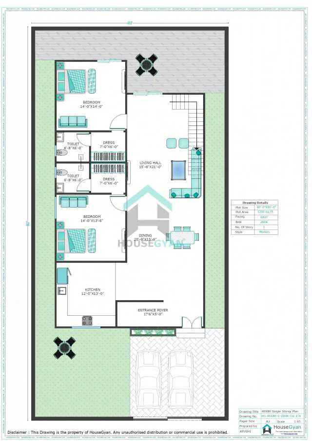 40X80 East Facing 2BHK Ground Floor House Plan | 3200 Sqft Plot Floor Plan 40X80 East Facing 2BHK Ground Floor House Plan