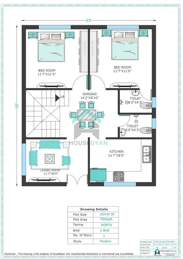 25X30 North Facing 2BHK Ground Floor House Plan | 750 Sqft Plot Floor Plan 25X30 North Facing 2BHK Ground Floor House Plan