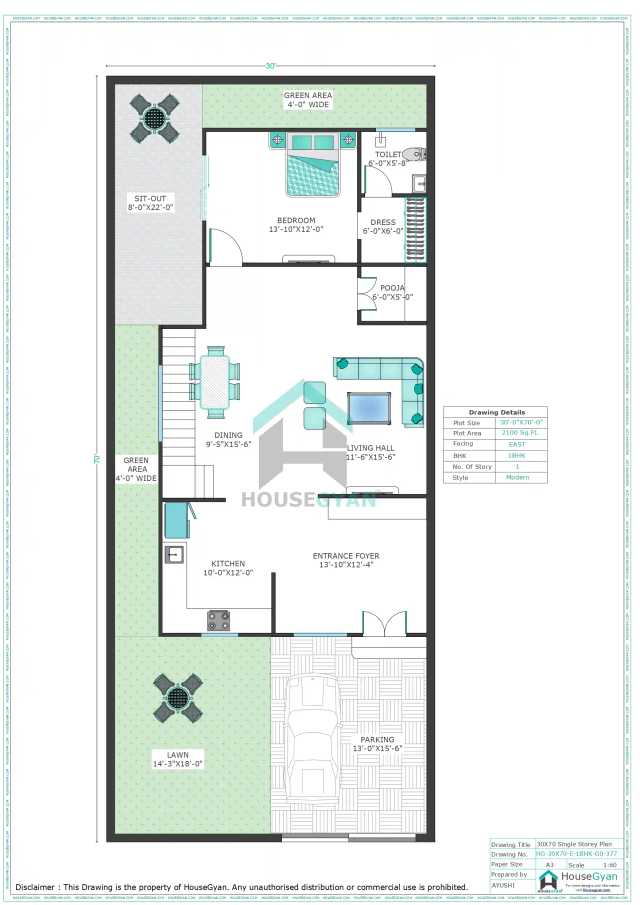 30X70 East Facing 1BHK Ground Floor House Plan | 2100 Sqft Plot Floor Plan 30X70 East Facing 1BHK Ground Floor House Plan