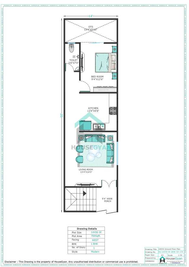 14X50 West Facing 1BHK Ground Floor House Plan | 700 Sqft Plot Floor Plan 14X50 West Facing 1BHK Ground Floor House Plan
